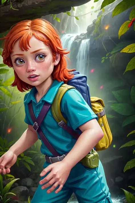 from front ginger girl child adventurer clothes backpacks with parents hiking up a jungle mountain trail waterfall butterfly, (masterpiece:1.2) (photorealistic:1.2) (bokeh) (best quality) (detailed skin:1.3) (intricate details) (8k) (HDR) (cinematic lighting) (sharp focus)