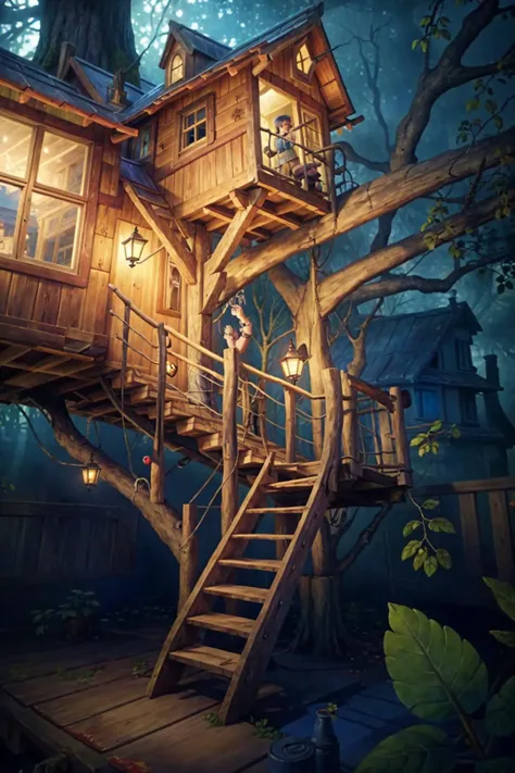 junky shabby (treehouse:1.3) playing games raining outside (masterpiece:1.2) (illustration:1.2) (bokeh) (best quality) (detailed skin:1.3) (intricate details) (8k) (HDR) (cinematic lighting) (sharp focus)