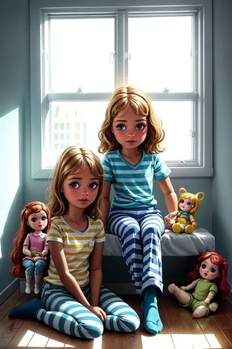 2girls sitting on floor playing with (dolls:1.2) striped shirt shorts socks bedroom bright morning light coming through window Clutter-Home (masterpiece:1.2) (photorealistic:1.2) (bokeh) (best quality) (detailed skin:1.3) (intricate details) (8k) (HDR) (cinematic lighting) (sharp focus)