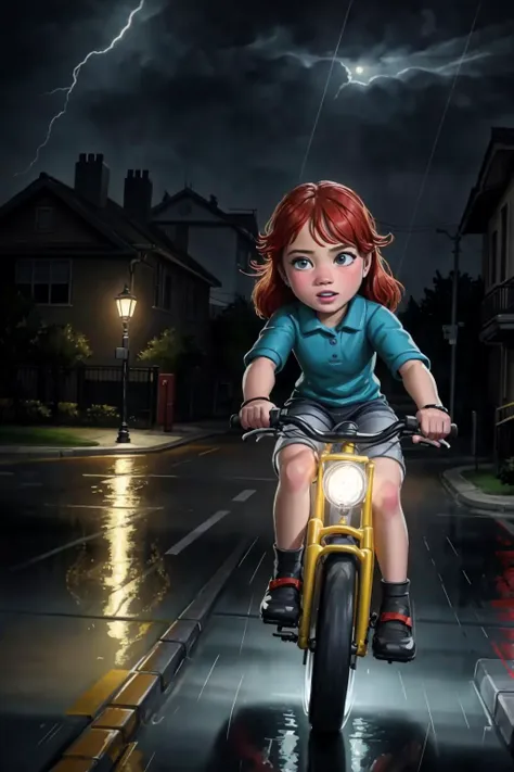 kids riding bikes suburban street storm and rain, (masterpiece:1.2) (illustration:1.2) (best quality:1.2) (detailed) (intricate) (8k)  (cinematic lighting) (sharp focus)