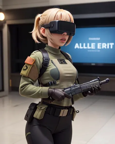 <lora:head-mounted display3-000007:0.95>, A woman soldier in a war on an alien world, tight army pants, body armor, head-mounted display, holstered weapon, alien planet in background, action shot, detailed lips,