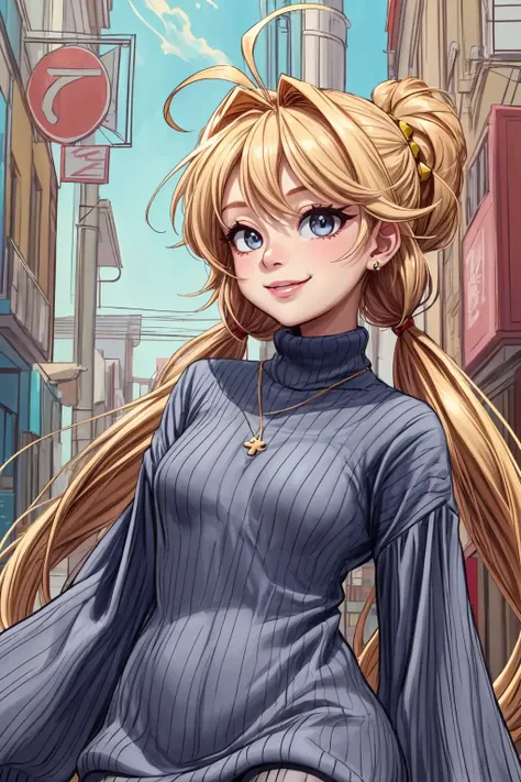 (AS-YoungestV2:1.3), Beautiful Lighting, (1girl:(Thick thighs:0.8), blonde hair, absurdly long hair, ahoge), (real skin), <lora:l - L| :1.3>,
(outdoors:1.3), (alley:1.2), 
turtleneck sweater dress, boots, stud earrings, choker necklace, 
 <lora:LowTwintailsHelper:1>, (low twintails:1.2), cowboy shot, from side, smile,