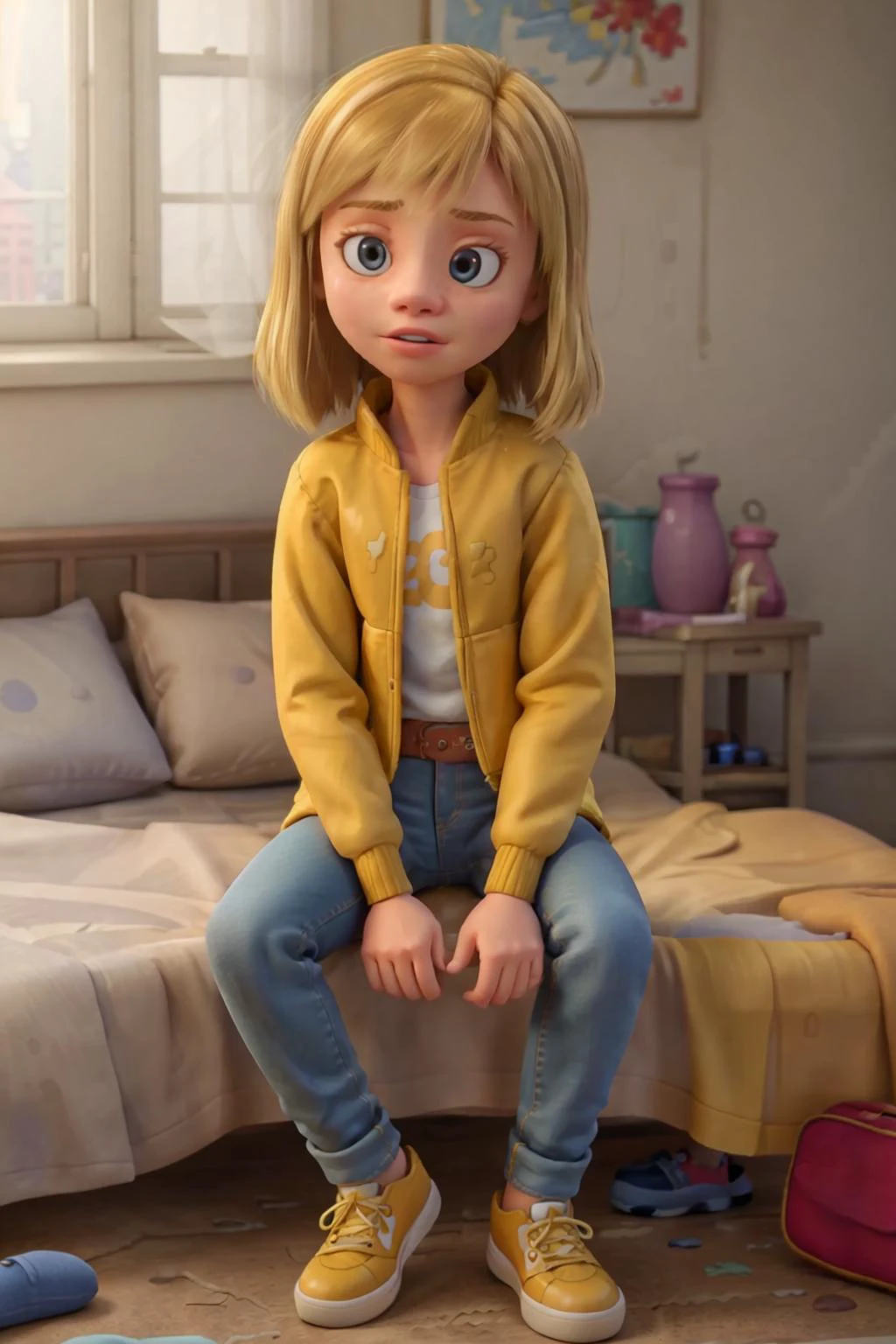 Riley wearing jeans sneakers yellow jacket sitting on the edge of the bed colorful luxurious bedroom bright morning sunlight shining from window (Clutter-Home:0.8) <lora:RileyV1.1:0.8>, (masterpiece:1.2) (photorealistic:1.2) (bokeh) (best quality) (detailed skin:1.3) (intricate details) (8k) (HDR) (analog film) (canon d5) (cinematic lighting) (sharp focus)