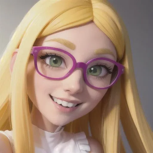 honey lemon ,lady ,slim very tall ,straight long hair ,short straight sleeveless dress pale yellow ,white leggings white collar ,headband pale yellow ,big eyes ,shows her teeth large smile ,shy look ,selfie pose ,view from above ,makes the v with the fingers ,magenta glasses magenta ,green eyes green ,blonde ,close up ,tanned skin ,