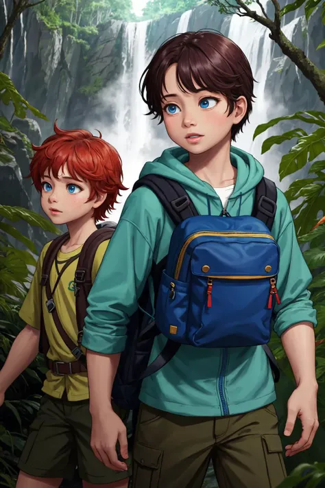 from front 2girls 2boys child adventurer clothes backpacks with parents hiking up a jungle mountain trail waterfall butterfly, (masterpiece:1.2) (photorealistic:1.2) (bokeh) (best quality) (detailed skin:1.3) (intricate details) (8k) (HDR) (cinematic lighting) (sharp focus)