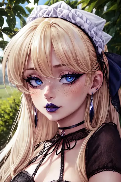 (detailed eyes:1.3), Beautiful Lighting, (1girl:blue  eyes, blonde hair, absurdly long hair), (real skin), <lora:l - L| :1>, <lora:y:1>, (outdoors:1.3),
dynamic angle,
<lora:3g1rlmak3up:0.6>, 3g1rlmak3up, eyeliner, nose freckles, black lipstick, (face only:1.1), earrings, black choker,