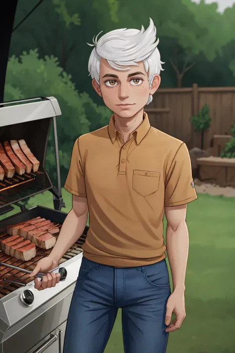 portrait of lincoln loud, blue pants, brown eyes, white hair, smooth hair cut, grilling in the backyard <lora:lincolnLoud_v10:0.7>