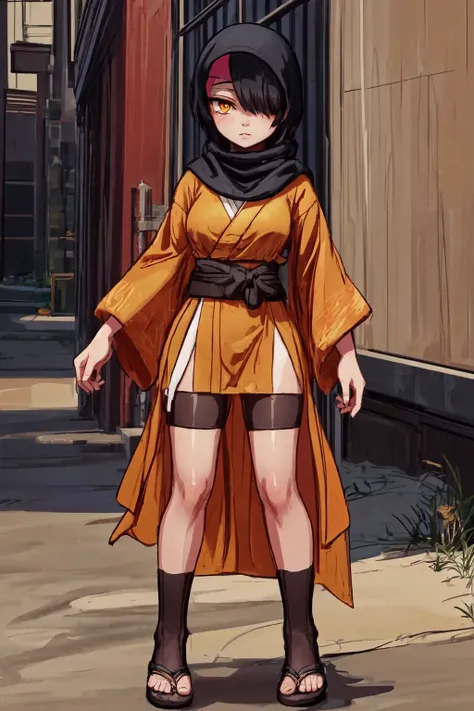 (detailed eyes:1.3), Beautiful Lighting, (real skin), <lora:l - L| :1>,
 <lora:CDR2:1>, 1girl,solo,brown hakama,knee socks,front view,full body,black hair,simple background,hair over one eye,yellow eyes,sandy hijab,long robe,long sleeves,sash,sandals
cowboy shot, the pose,, (outdoors:1.3), alley,