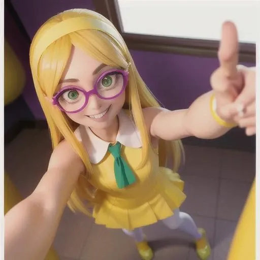 honey lemon ,lady ,slim very tall ,straight long hair ,short straight sleeveless dress pale yellow ,white leggings white collar ,headband pale yellow ,big eyes ,shows her teeth large smile ,shy look ,portrait ,selfie pose ,view from above ,makes the v with the fingers ,magenta glasses magenta ,green eyes green ,blonde ,