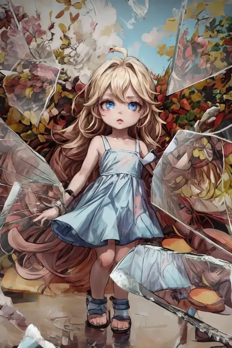 (AS-YoungestV2:1.3), (detailed eyes:1.3), Beautiful Lighting, (1girl:(Thick thighs:0.8), blue  eyes, blonde hair, absurdly long hair, ahoge, eyebrows visible through hair), (real skin), <lora:l - L| :1.3>,
(outdoors:1.3), alley,
sundress, tan wedge sandals, bangle bracelets, drop earrings, 
 <lora:BrokenGlass:1>, IncrsBrknGls, broken glass, reflection,