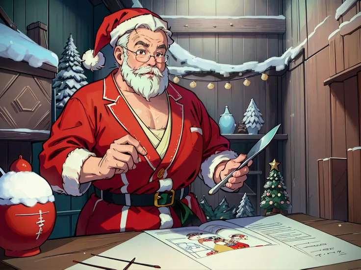 drawing of Santa Claus, full body, (christmasbckdrp:1.2), indoor, snow,christmas costume, christmas tree <lora:christmas-photo-v1.2:1>, masterpiece, (illustration:1.2), best quality, (detailed), (Studio ghibli style), Art by Hayao Miyazaki:1.2), Anime Style, Manga Style, Hand drawn, cinematic, Sharp focus, humorous illustration, big depth of field, Masterpiece, concept art, trending on artstation, Vivid colors, Simplified style, trending on ArtStation, trending on CGSociety, Intricate, Vibrant colors, Soft Shading, Simplistic Features, Sharp Angles, Playful