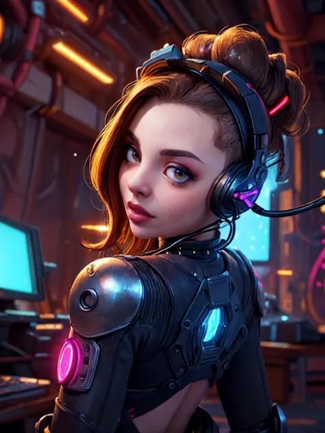 best quality, masterpiece, jp-j3b 1girl, cyborg portrait, looking away, solo, from front, front view, half shot, detailed background, close up, detailed face, (<lora:CyberPunkAI:0.6>, CyberpunkAI theme:1.1), futuristic glowing cobalt armor, circular pattern, rivets, gadgets, advanced technology, bionics, cybernetics, headset, epic in background, lens flare, neon lights, electricity, cinematic atmosphere, <lora:detail_slider_v4:2>