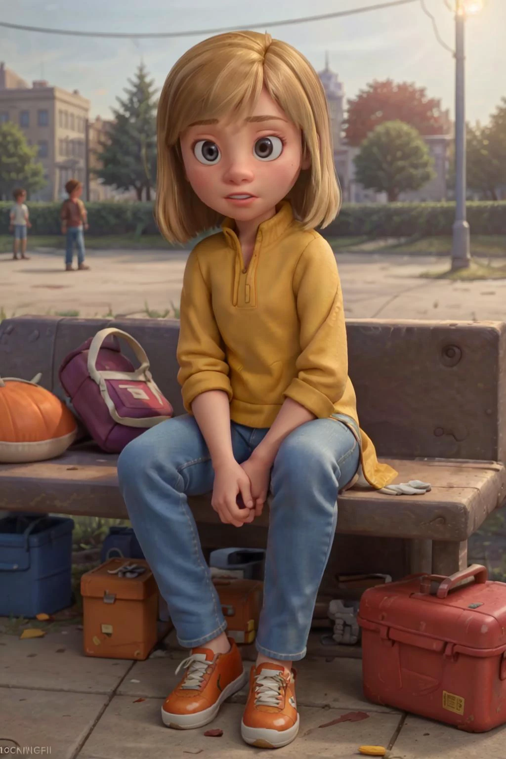 Riley wearing jeans sneakers sitting on park bench bright sunny autumn morning (Clutter-Home:0.8) <lora:RileyV1.1:0.8>, (masterpiece:1.2) (photorealistic:1.2) (bokeh) (best quality) (detailed skin:1.3) (intricate details) (8k) (HDR) (analog film) (canon d5) (cinematic lighting) (sharp focus)