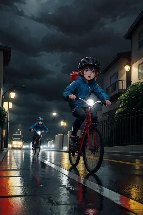 kids riding bikes suburban street storm and rain, (masterpiece:1.2) (illustration:1.2) (best quality:1.2) (detailed) (intricate) (8k)  (cinematic lighting) (sharp focus)