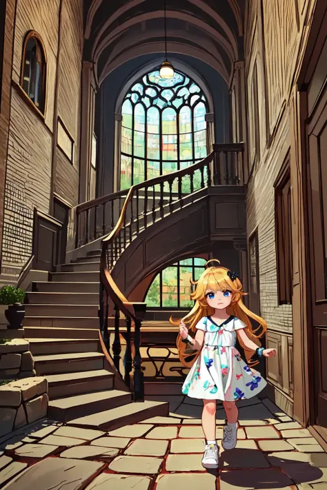 (AS-YoungestV2:1.3), (detailed eyes:1.3), Beautiful Lighting, (1girl:(Thick thighs:0.8), blue  eyes, blonde hair, absurdly long hair, ahoge, eyebrows visible through hair), (real skin), <lora:l - L| :0.8,
 <lora:spiralstairs2023:1>, spiralstairs2023,
Floral_print_sundress, white_sneakers, hair_clip, beaded_bracelets, stone bricks, indoors, (Spiral Stairs), 1girl, solo, walking down staircase,