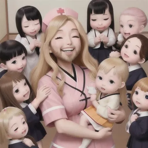 blond-bearded nurse laughing eyes closed with with ten babies in her arms ,ten babies on the floor ,female japanese school uniform ,ten japanese babies ,ten black-haired babies ,japenese hairs ,