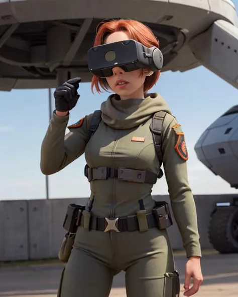 <lora:head-mounted display3-000007:0.95>, A woman soldier in a war on an alien world, tight army pants, body armor, head-mounted display, holstered weapon, alien planet in background, action shot, detailed lips,