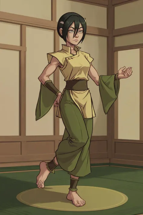portrait of avatar toph tunic, green shirt, sash, capri pants, pelvic curtain bare feet on mat practice in indoor dojo background<lora:avatarToph_v10:1>