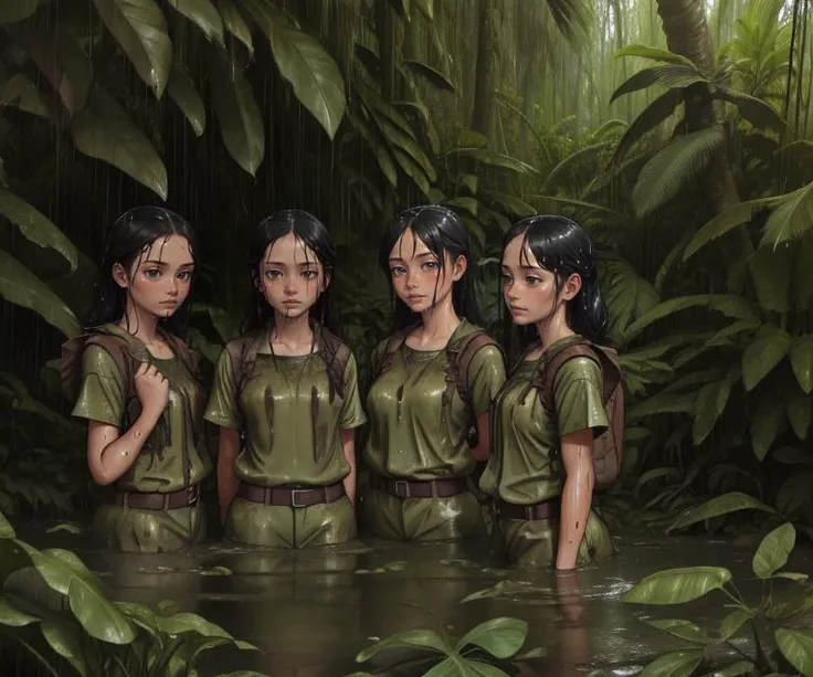 four girls-travellers in the top mud swamps of jungle,
in search of lost civilization, survival in the wilderness, (tropical rain:1.1),
practical hiking clothes, (wet clothes:1.2),
beautiful detailed faces, (wet hair:0.75), face to camera, close up, ultra-quality
