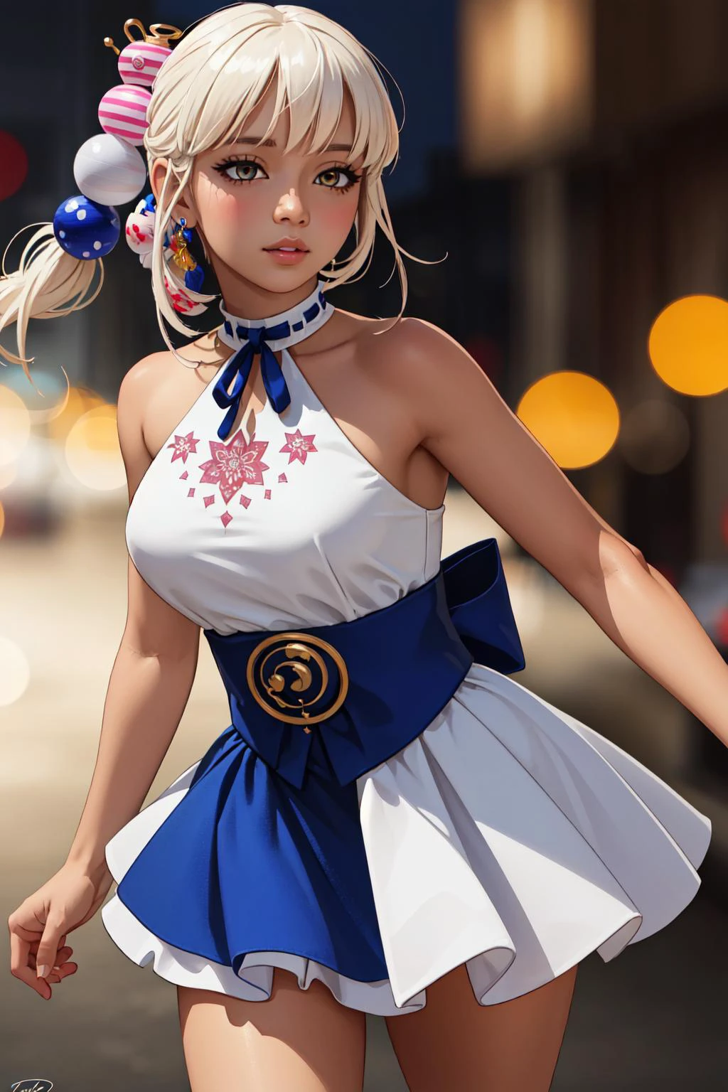 (masterpiece, best quality), intricate details, 8k, artstation, wallpaper, official art, splash art, sharp focus,
1girl,
(photorealistic:1.2) (bokeh) (best quality) (detailed skin:1.3) (intricate details) (8k) (detailed eyes) (sharp focus)
<lora:tsukumoSanaHololive_v1:0.8> tsukumo sana, hair ornament, dress, blue skirt, white skirt, halterneck,