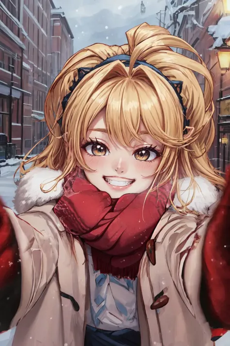 (AS-YoungerV2:1), Beautiful Lighting, (1girl:blonde hair, absurdly long hair, ahoge), (real skin), <lora:l - L| :1>,
 <lora:PovCheekWarmingMemeV3:1>, IncrsChkWarmingMeme, reaching towards viewer, winter clothes, red scarf, light smile, teeth,, (outdoors:1.3), alley,