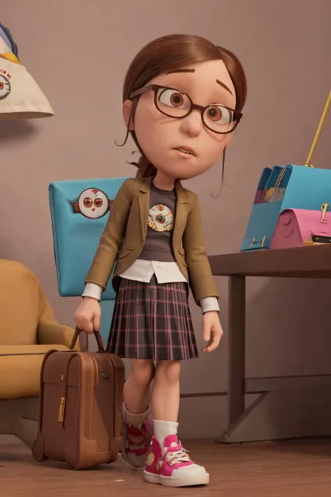 female child Margo jacket skirt sneakers glasses short hair parted purse briefcase from despicable me working in an office, office cubicles <lora:margo:1>
