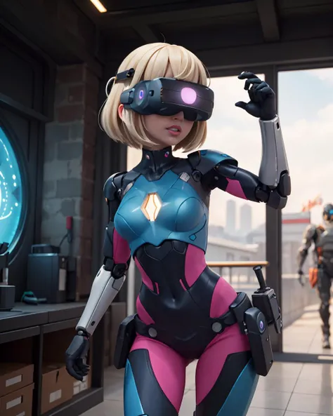 <lora:head-mounted display3-000007:0.95>, A cyborg girl, exposed mechanical parts, body armor, head-mounted display, holstered weapon, alien planet in background, action shot, detailed lips, futuristic, scifi, style of Tim Blandin, advanced technology
