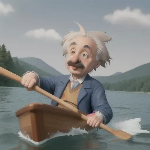 einstein on a boat in a lake rowing in difficulty, big drops of sweat, splashes, a single oar, close up, cartoon style