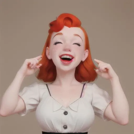 norma jean baker look at the viewer ,raise her head ,portrait ,laugh out loud ,extremly happy ,eyes close mouth open ,freckles ,redhead young