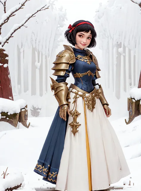 Female character, fair skin, black bobbed hair with a( red bow in hair :1.2), brown eyes, wearing a blue blouse with puffy sleeves and a high white collar, yellow floor-length skirt, smiling, close up photo, <lora:Snow_White:1>, snowy forest,  <lora:ArmorFusion:0.6> armorgirls, armor,  style-sylvamagic, <lora:WAR_Glam:1> war_glam, armored, blue breast plate, yellow battle dress