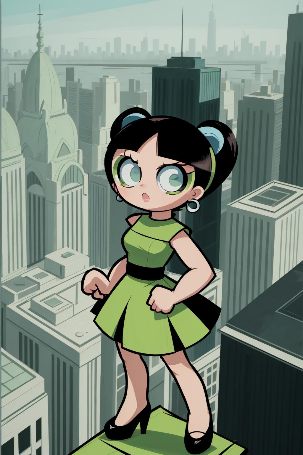 A cartoon girl in a green dress standing on a ledge - SeaArt AI