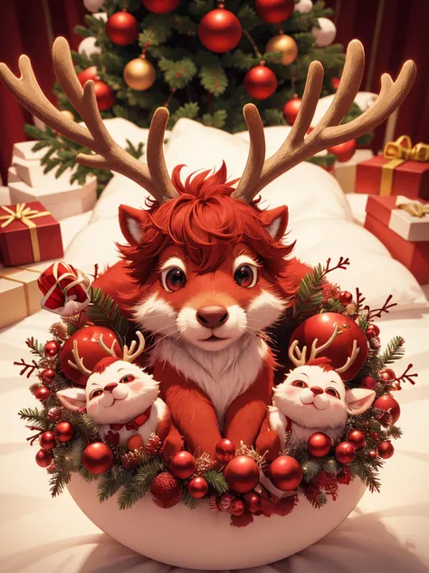 raging reindeer wearing santa hat,  glowing red eyes, lounging, christmas tree and lights in the background, <lora:reindeer_papercut_color_variance:0.5>