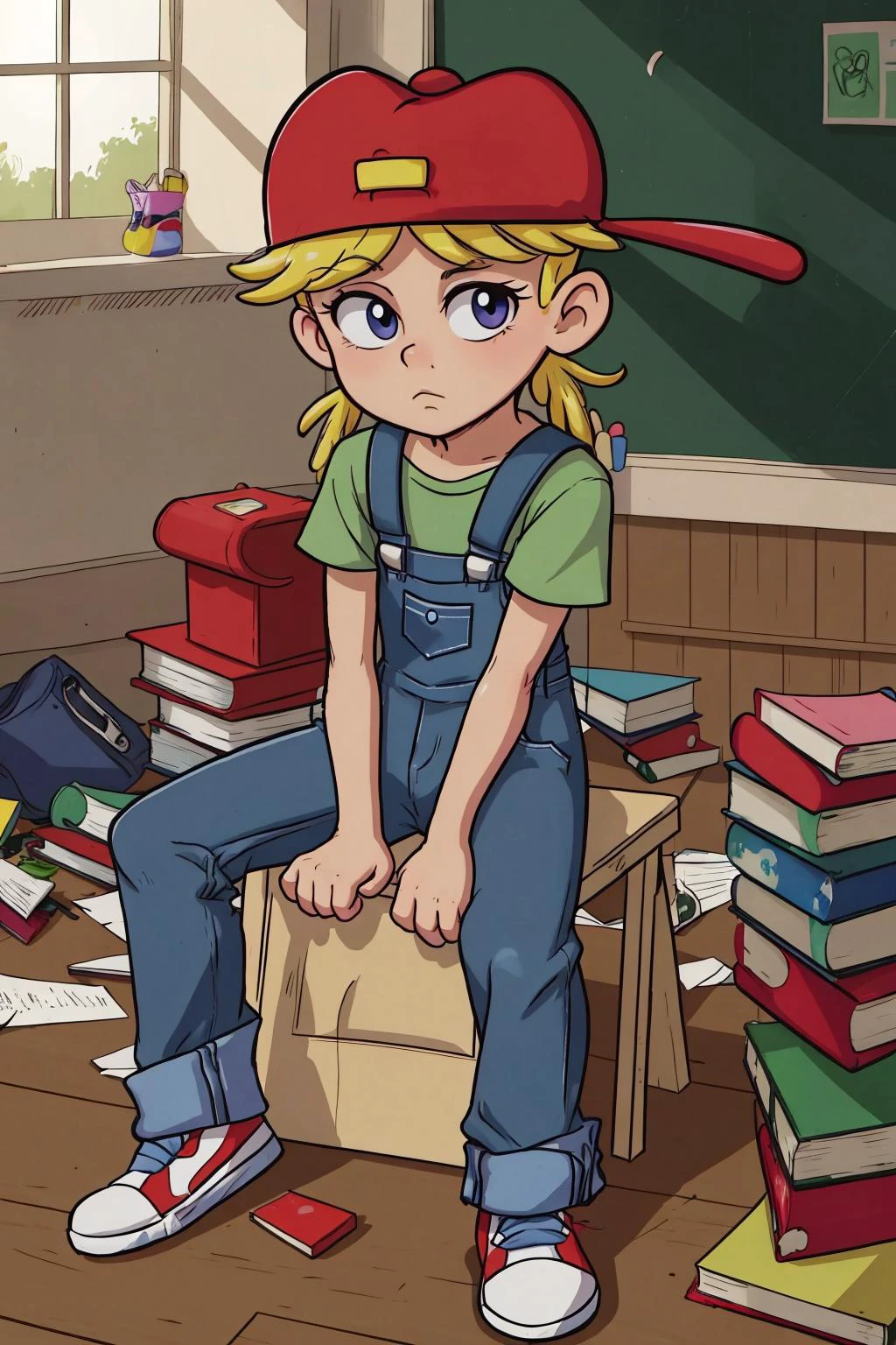 AS-Young blonde Lana Loud, overalls, red headwear green shirt overalls, serious sitting at a desk school classroom bright morning light Clutter-Home, (masterpiece:1.2) (linework) (animation) (flat illustration:1.1) (best quality:1.2) (8k) (HDR) (clean lines) <lora:Lana_Loud1-10_3:1>