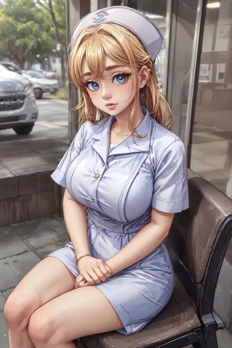 (AS-YoungestV2:1.3), (detailed eyes:1.3), Beautiful Lighting, (1girl:blue  eyes, blonde hair, absurdly long hair, ahoge, eyebrows visible through hair), (real skin), <lora:l - L| :1>,
 <lora:Thai_nurse_uniform:0.8:lbw=MIDD>, thai nurse uniform, Sitting on a bench, hospital, detailed background, Proportioned body, good anatomy, (big tits:1.4), outdoors,