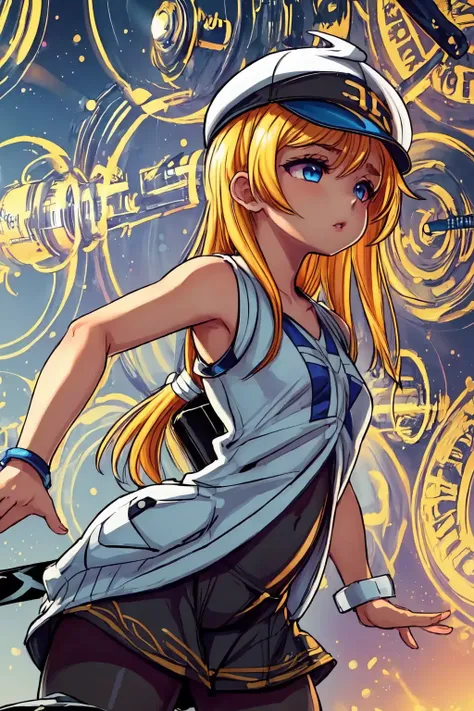 (AS-YoungestV2:1.3), (detailed eyes:1.3), Beautiful Lighting, (1girl:(Thick thighs:0.8), blue  eyes, blonde hair, absurdly long hair, ahoge, eyebrows visible through hair), (real skin), <lora:l - L| :0.8>,
Sports_top_white_tank_top, black_high-waisted_leggings, black_baseball_cap, black_backpack,
 <lora:Gate_of_babylon:0.8>, gate_of_babylon, 1girl, solo, glowing circles in background, back lighting, raised arm, evil_face, golden circles,