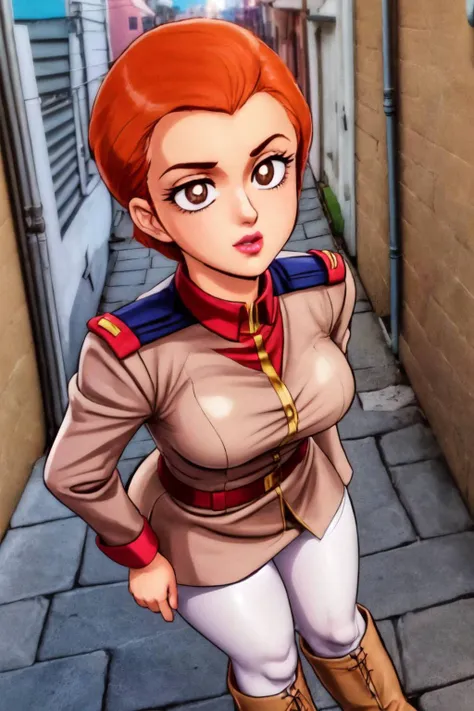 (detailed eyes:1.3), Beautiful Lighting, (real skin), <lora:Tool - Detail up:1>, <lora:y:1>, <lora:good nipples:0.2>,
(outdoors, alley:1.3), dynamic angle,
<lora:MatildaAdjan001:0.5>, MatildaAdjan,1girl,orange hair,short hair,brown eyes,pink lips,retro artstyle,1980s (style), military uniform, white_pantyhose, brown boots,