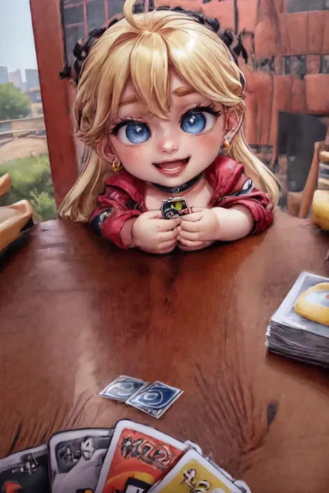 (detailed eyes:1.3), Beautiful Lighting, (1girl:blue  eyes, blonde hair, absurdly long hair, ahoge, eyebrows visible through hair), (real skin), <lora:l - L| :1>, <lora:y:1>,  (outdoors:1.3), dynamic angle,  <lora:lips:0.8>, lips, pink lips, 
 <lora:unomeme_v1:0.6>, unomeme, playing card game, across table, evil smile,, <lora:age_slider-LECO-v1:-2>, (AS-YoungestV2:1.3), Cropped jacket, (crop top:1.1), stud earrings, choker necklace,