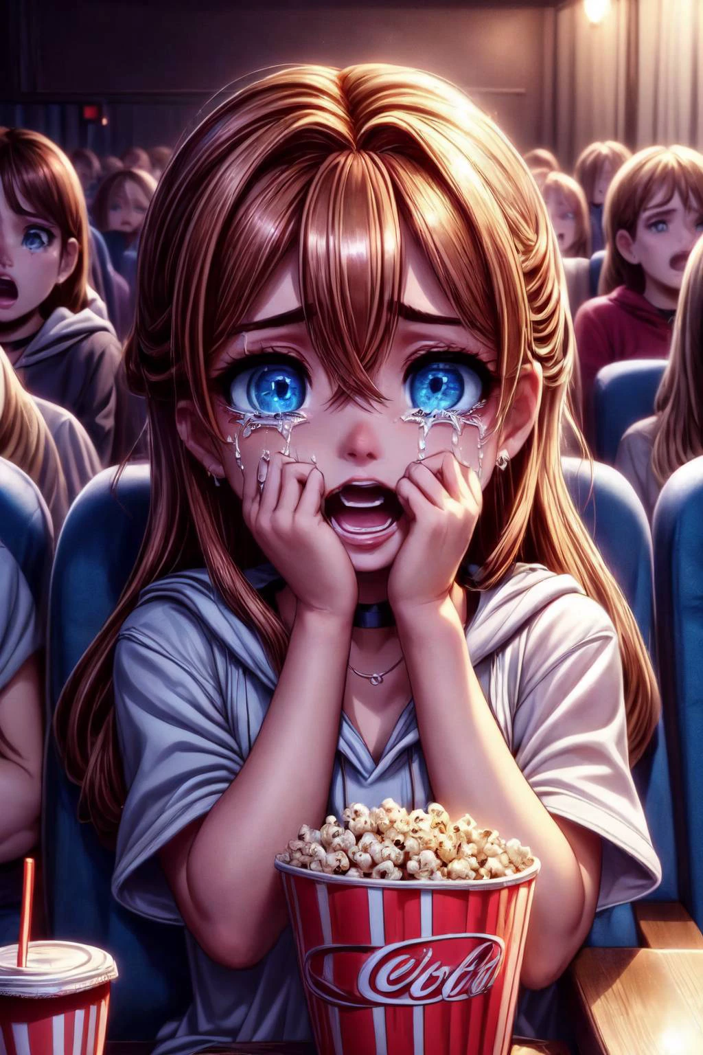 (detailed eyes:1.3), Beautiful Lighting, (real skin), <lora:Tool - Detail up:1>, <lora:y:1>, <lora:test:0.6> , charslime77,
<lora:girllikehorrormovie:0.8>, (((horror movie))), (((crowd))), ((hands on own face)), ((cinema seating)), ((scared)), ((crying with eyes open)), popcorn, cocacola, disposable cup, plaid jacket, stairs, night, open mouth,, hoodie, black choker, short sleeves,
