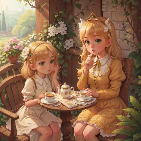 masterpiece,best quality,perfect composition,epic,intricate details,2girl,cute,blond hair,green eyes,looking at the viewer,princess,outside,luxurious garden,tea time,fine furniture,wooden table, <lora:COOLKIDS_MERGE_V2.5:0.7>