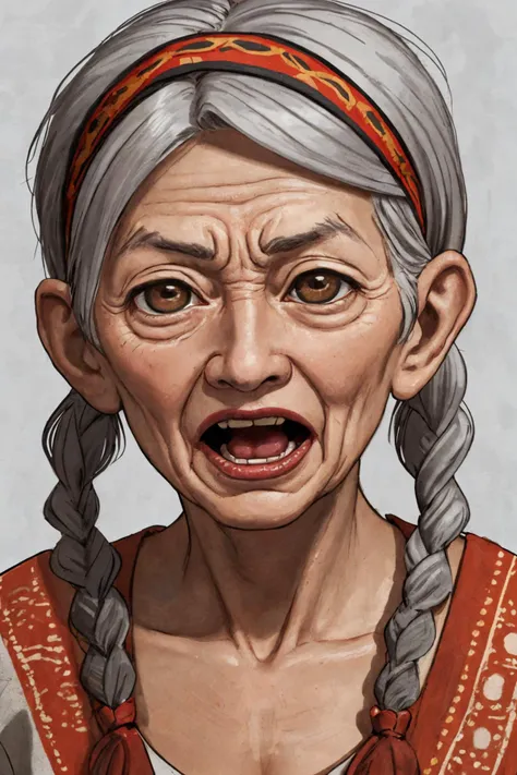 close-up photo portrait of a 90 yo old native american woman, grey hair, brown eyes, screaming face expression, headband, twin braids, simple background