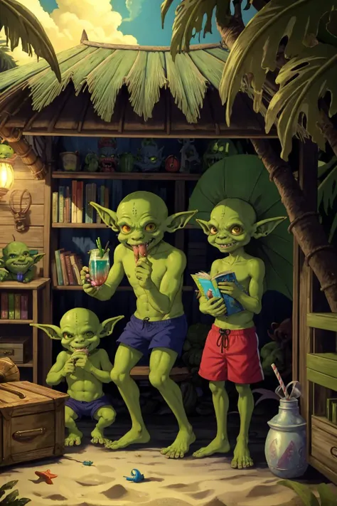 multiple boys (Goblin:1.3) green skin monster big ears, happy beach party drinks snacks balloons, swim shorts tropical beach home bedroom tiki hut grass hut Clutter-Home (masterpiece:1.2) (illustration:1.2) (best quality:1.2) (detailed) (intricate) (8k) (HDR) (cinematic lighting) (sharp focus) <lora:goblin_v0.1a:0.5>