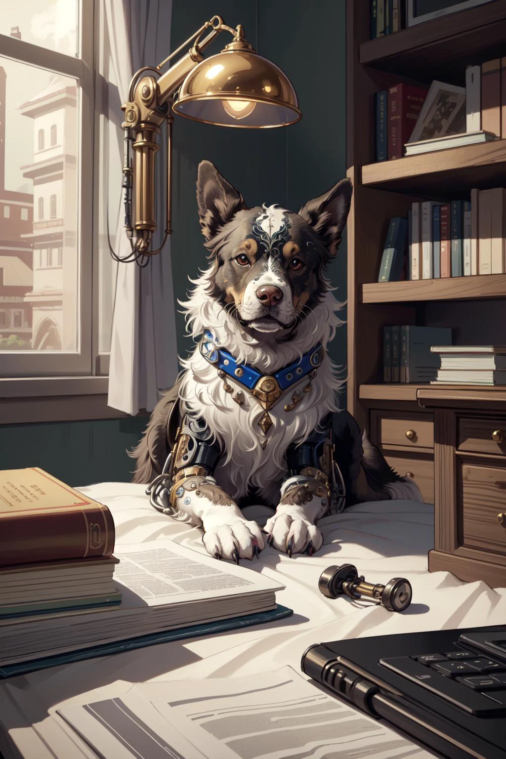 (masterpiece, best quality), intricate details, 8k, artstation, wallpaper, official art, splash art, sharp focus,
dog, <lora:reelmech:0.8> mechanical parts, robotic,
(photorealistic:1.2) (bokeh) (best quality) (detailed skin:1.3) (intricate details) (8k) (detailed eyes) (sharp focus)
cluttered room, desk, bed, bedroom, computer, books, bookshelf, toys,