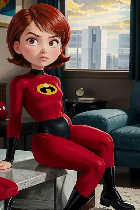 (AS-Younger AS-Youngest) Helen Parr, mask, red spandex suit, black boots sitting in a large comfy chair, 50s retro style living room (masterpiece:1.2) bright morning light coming through window (photorealistic:1.2) (bokeh) (best quality) (detailed skin:1.3) (intricate details) (8k) (cinematic lighting) (sharp focus) <lora:helenParrThe_v10:0.6>