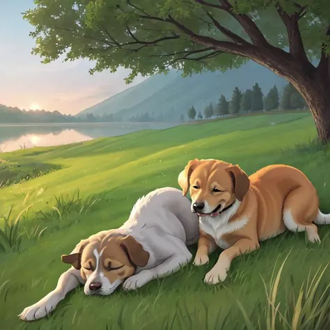 peaceful atmosphere, vibrant colors BREAK dogs are sleeping, grassy field, light reflections