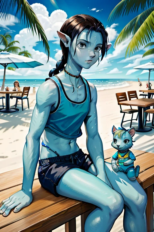 jakesully on a beach boardwalk cafe sitting at the table sandwich wearing a tanktop and shorts sneakers stuffed animals tropical beach beautiful cloudy sky bright sunny day,
<lyco:AvatarDogu321684:1>