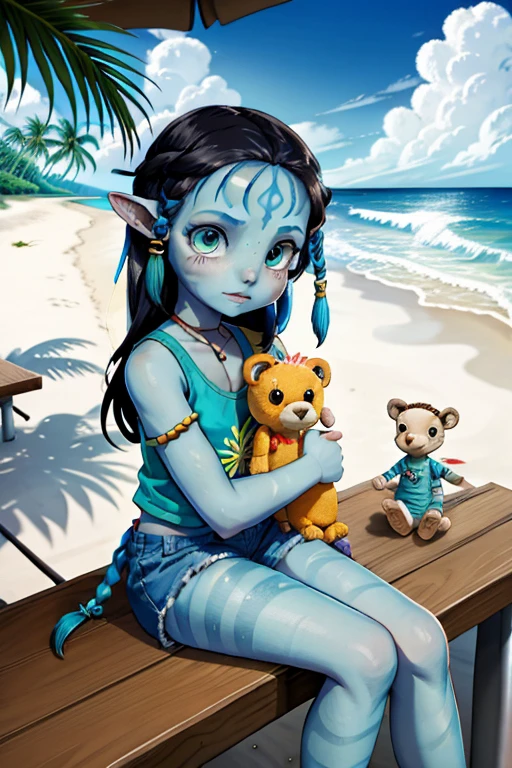 kid neytiri on a beach boardwalk cafe sitting at the table sandwich wearing a tanktop and shorts sneakers stuffed animals tropical beach beautiful cloudy sky bright sunny day,
<lyco:AvatarDogu321684:1>