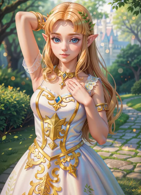 (cute:1.2) portrait of zelda posing, one arm raised, delicate, princess dress, castle, foliage, dreamlike, misty, (masterpiece:1.2) (photorealistic:1.2) (bokeh) (best quality) (detailed skin:1.3) (intricate details) (8k) (HDR) (cinematic lighting) (sharp focus)