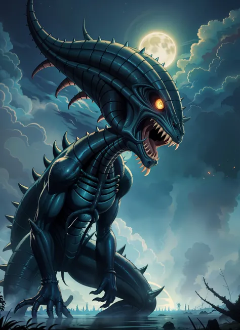 a scary alien creature, spikes, moonlight, swamp, epic movie poster,(masterpiece:1.2) (illustration:1.2) (best quality:1.2) (cinematic lighting) (sharp focus)