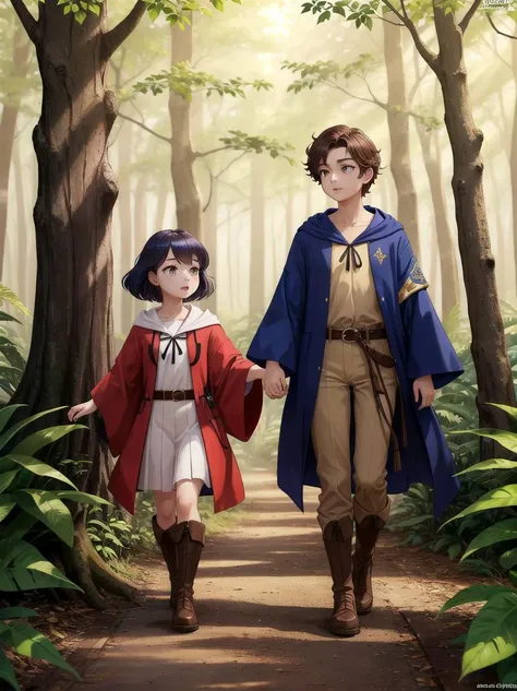 two girls wearing wizard robes walking in forest woods, AS-Young, book cover in the style of western cartoons