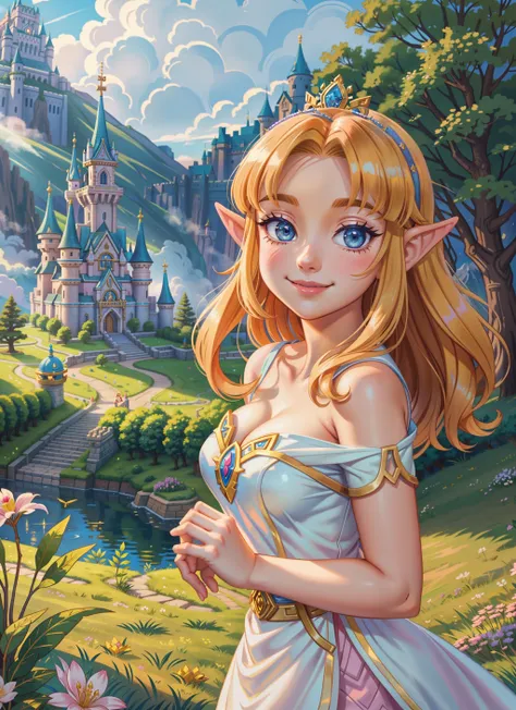 portrait of zelda posing, delicate, smiling, princess dress, castle, foliage, mountains, dreamlike, misty, hearthstone, (masterpiece:1.2) (illustration:1.2) (best quality:1.2) (cinematic lighting) (sharp focus)